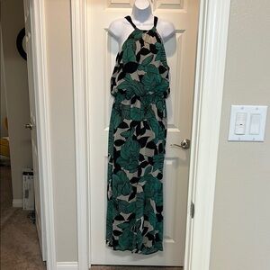 Green and Black Leaf Print Halter Maxi Jumpsuit